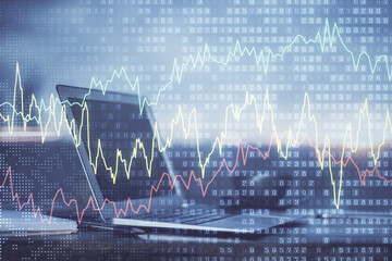 Poster - Financial market graph hologram and personal computer on background. Multi exposure. Concept of forex.