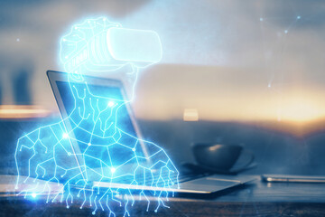 Poster - Computer on desktop with AR theme icon. Multi exposure. Concept of augmented reality.