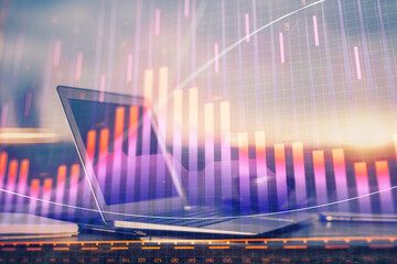 Poster - Financial market graph hologram and personal computer on background. Multi exposure. Concept of forex.