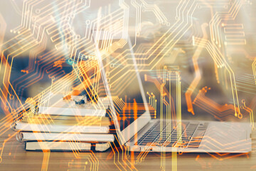 Aufkleber - Computer on desktop in office with technology theme hologram. Multi exposure. Tech concept.