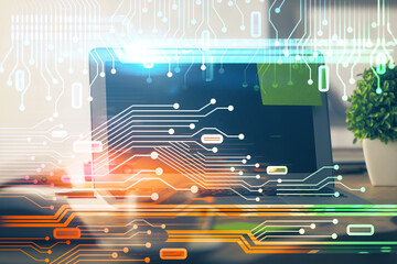 Poster - Double exposure of computer and technology theme hud. Concept of innovation.