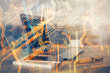 Aufkleber - Computer on desktop in office with technology theme hologram. Multi exposure. Tech concept.