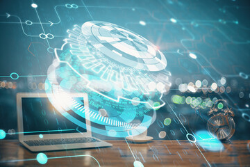 Aufkleber - Multi exposure of computer on background and technology theme drawing. Concept of innovation.