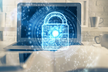 Aufkleber - Double exposure of desktop with computer and lock icon hologram. Concept of data safety.