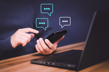 Poster - Young man hand using a smartphone typing live chat chatting on application communication digital web and social network concept. Social media application chat box on mobile phone.