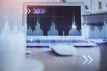 Poster - Financial market graph hologram and personal computer on background. Multi exposure. Concept of forex.