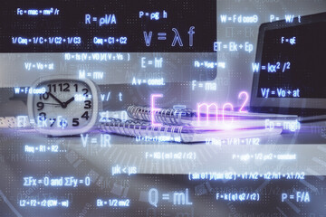 Poster - Desktop computer background and formula hologram writing. Double exposure. Education concept.
