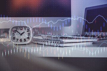 Poster - Financial market graph hologram and personal computer on background. Double exposure. Concept of forex.