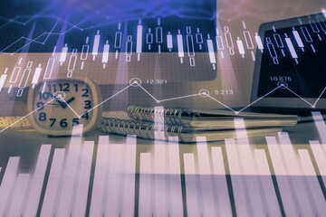 Poster - Financial market graph hologram and personal computer on background. Multi exposure. Concept of forex.