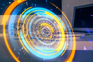 Aufkleber - Computer on desktop in office with technology theme hologram. Multi exposure. Tech concept.