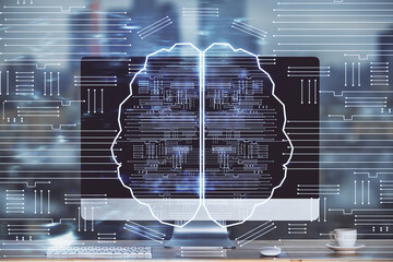 Aufkleber - Double exposure of table with computer and brain hologram. Data innovation concept.