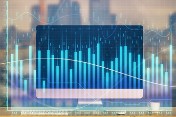 Aufkleber - Financial market graph hologram and personal computer on background. Double exposure. Concept of forex.