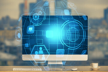 Aufkleber - Computer on desktop with social network theme icon. Multi exposure. Concept of international connections.