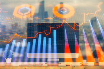 Poster - Financial market graph hologram and personal computer on background. Double exposure. Concept of forex.