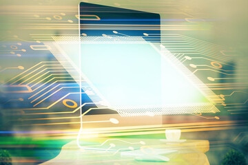 Aufkleber - Technology theme drawing and table with computer. Multi exposure. Concept of information.