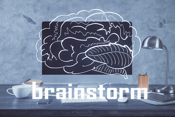Poster - Desktop computer background in office and start up theme hologram drawing. Double exposure. Startup concept.