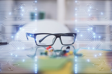 Poster - Tech theme hologram with glasses on the table background. Technology concept. Double exposure.