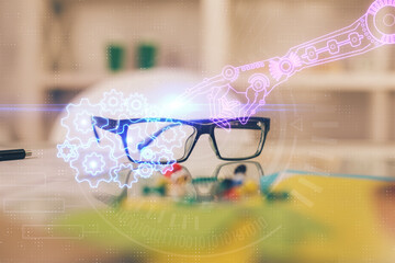 Poster - Data tech hologram with glasses on the table background. Concept of technology. Double exposure.