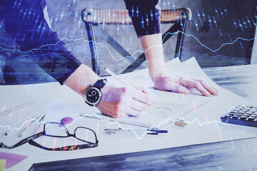 Poster - Multi exposure of man standing and planing investment with stock market forex chart.