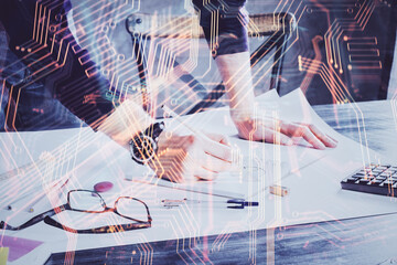 Aufkleber - Close up of human hands and abstract innovative technologies for industries. Double exposure.