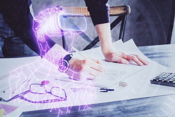Poster - Abstract man wearing augmented reality headsets computer science work. AR concept. Double exposure.
