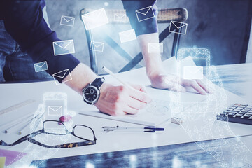 Poster - Polygonal hands using tablet with abstract e-mail network. Communication concept. Double exposure.