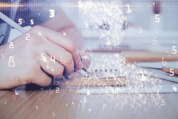 Aufkleber - Close up of human hands background and abstract innovative technologies for industries. Multi exposure.