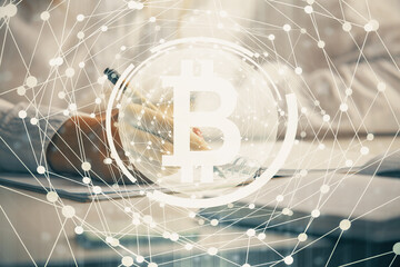 Poster - Cryptocurrency hologram over woman's hands writing background. Concept of blockchain. Double exposure