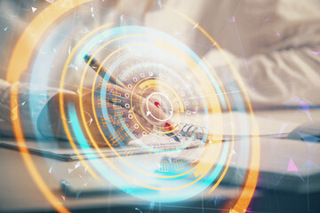 Aufkleber - Technology theme hologram over woman's hands taking notes background. Concept of Tech. Double exposure