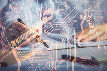 Aufkleber - Technology theme hologram over woman's hands taking notes background. Concept of Tech. Double exposure