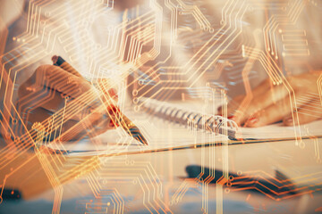 Aufkleber - Technology theme hologram over woman's hands taking notes background. Concept of Tech. Double exposure