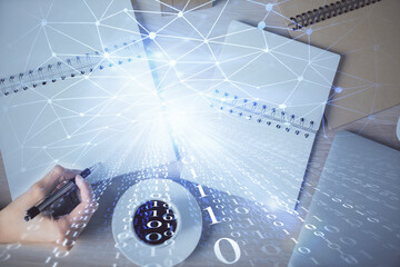 Poster - Multi exposure of woman's writing hand on background with data technology hud. Concept of innovation.
