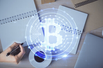 Poster - Cryptocurrency hologram over woman's hands writing background. Concept of blockchain. Double exposure