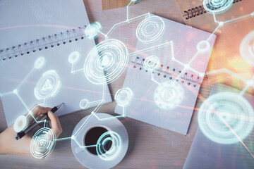 Aufkleber - Social network theme hologram over hands taking notes background. Concept of global international people connect. Double exposure