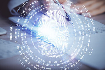 Aufkleber - Blue fingerprint hologram over woman's hands taking notes background. Concept of protection. Double exposure