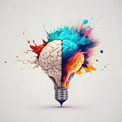 a bright light bulb in the shape of the brain bursting with color symbolizes the power of innovation