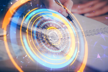 Poster - Technology theme hologram over woman's hands taking notes background. Concept of Tech. Double exposure