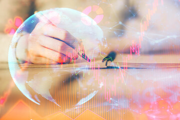 Poster - International business hologram over woman's hands taking notes background. Concept of success. Double exposure
