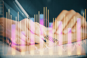 Poster - Forex chart displayed on woman's hand taking notes background. Concept of research. Double exposure