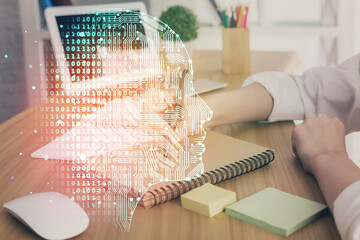 Aufkleber - Multi exposure of writing hand on background with brain hologram. Concept of self learning.