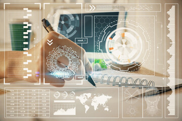 Poster - Double exposure of hands making notes with digital coding icons. Computer learning concept.
