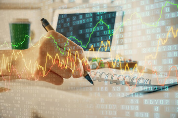 Poster - Financial forex graph drawn over hands taking notes background. Concept of research. Multi exposure