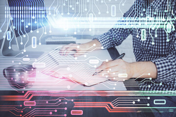 Aufkleber - Businessman with computer background with technology theme hologram. Concept of big data. Double exposure.
