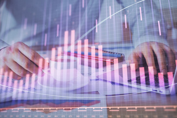 Poster - Forex graph with businessman working on computer in office on background. Concept of hardworking. Double exposure.