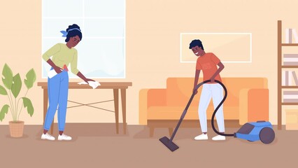 Poster - Animated dividing household chores. Cleaning routine. Vacuuming and wiping down. Looped flat color 2D cartoon characters animation with living room interior on background. 4K video with alpha channel