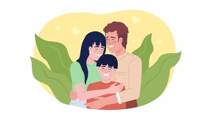 Poster - Animated parents affection. Child happiness. Looped flat 2D characters 4K video footage. Color isolated animation on white background with alpha channel transparency for website, social media