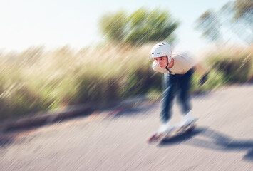 Motion blur, skateboard or mock up and a sports man outdoor on an asphalt street at speed with balance. Skating, fast and mockup with a male skater on a road for fun, freedom or training outside