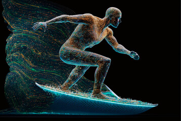 futuristic artificial intelligence surfer surfs on energy wave, digital wave, data stream, generative ai