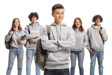 Wall Mural - Male and female students in matching clothes posing