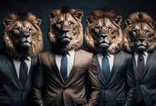 Business Team Portrait With Lion Heads. Teamwork And Confidence. Generative Ai